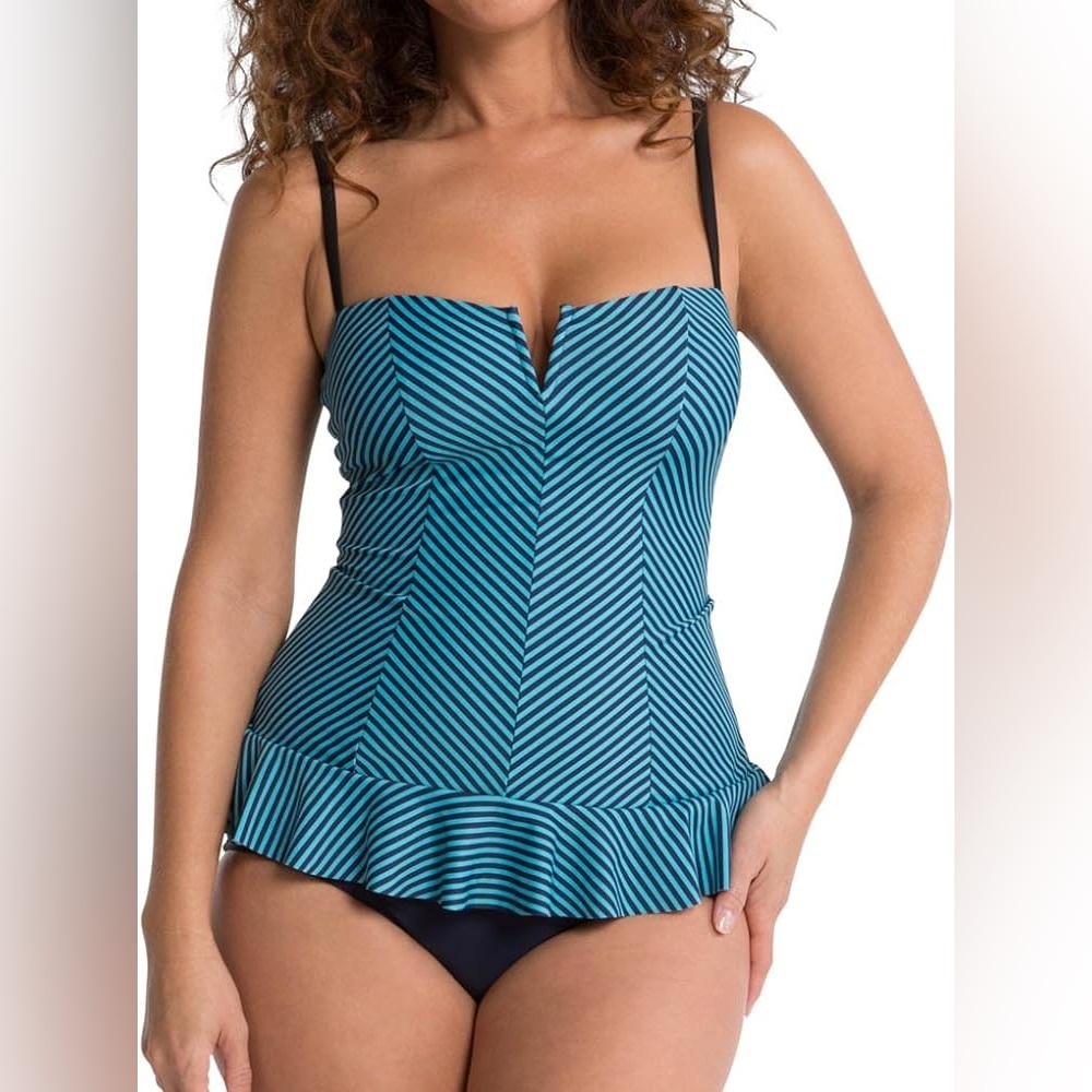 NWOT SPANX Striped Ruffle Wireless Padded One Piece Swim Dress Size 12